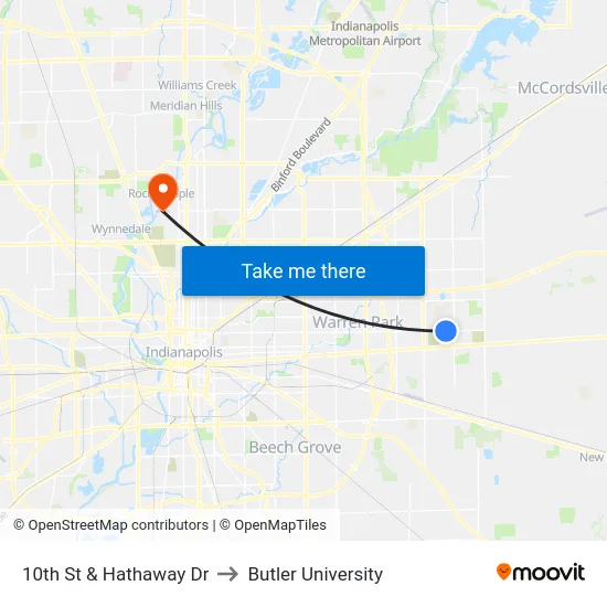 10th St & Hathaway Dr to Butler University map