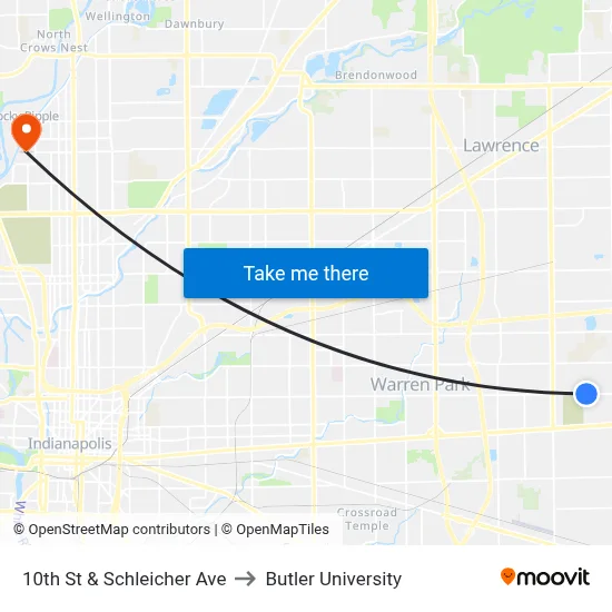 10th St & Schleicher Ave to Butler University map