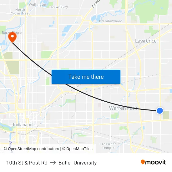 10th St & Post Rd to Butler University map