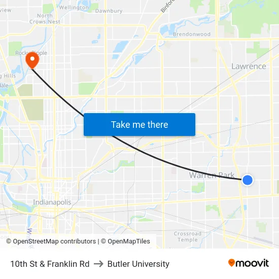 10th St & Franklin Rd to Butler University map