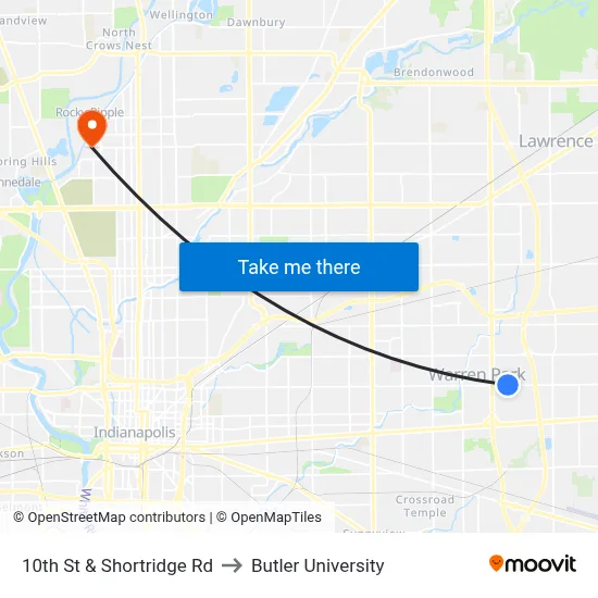 10th St & Shortridge Rd to Butler University map
