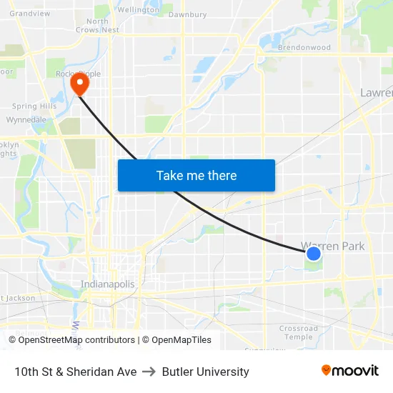 10th St & Sheridan Ave to Butler University map