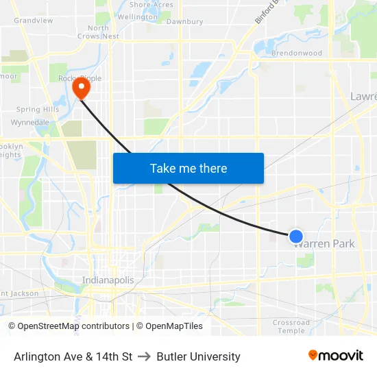 Arlington Ave & 14th St to Butler University map