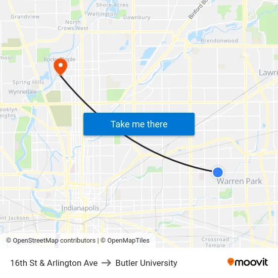 16th St & Arlington Ave to Butler University map