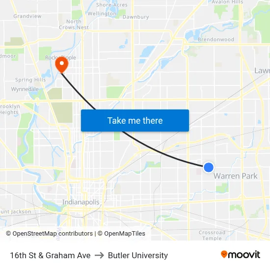 16th St & Graham Ave to Butler University map