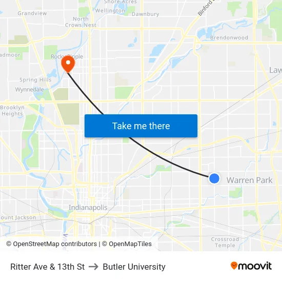 Ritter Ave & 13th St to Butler University map