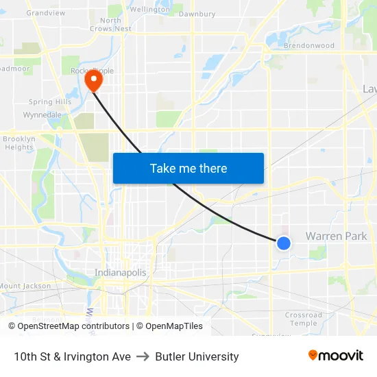 10th St & Irvington Ave to Butler University map