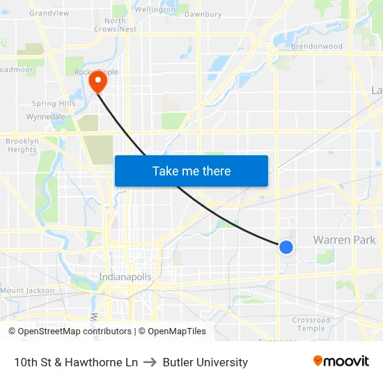 10th St & Hawthorne Ln to Butler University map