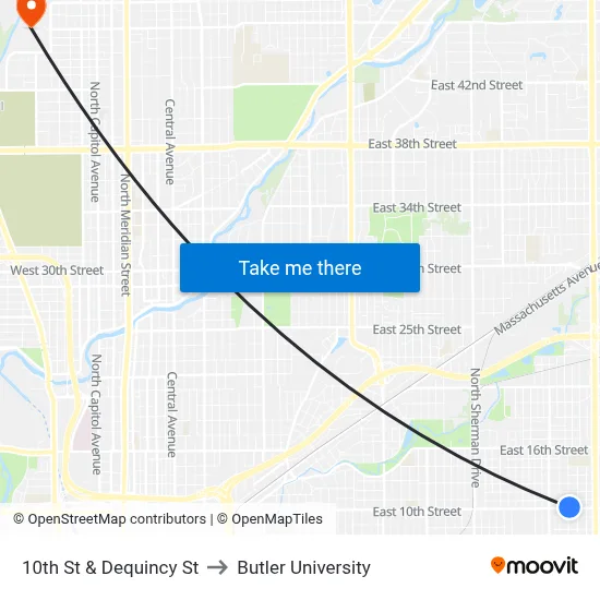 10th St & Dequincy St to Butler University map