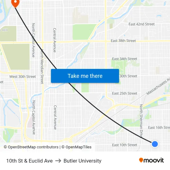10th St & Euclid Ave to Butler University map