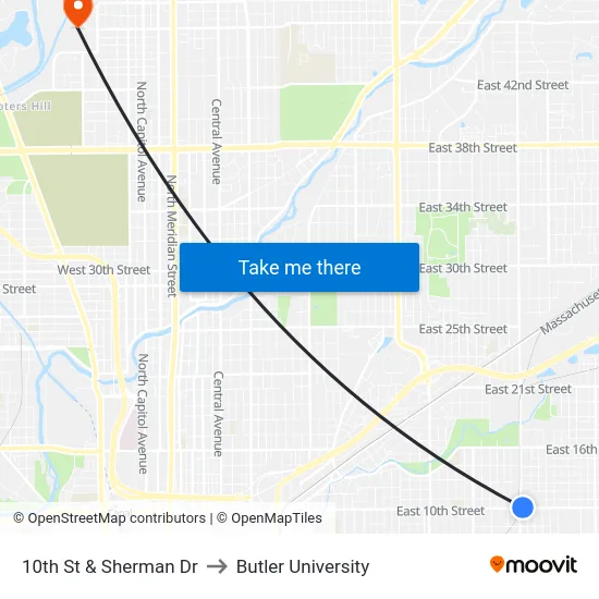 10th St & Sherman Dr to Butler University map