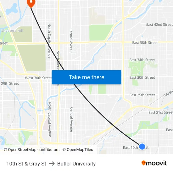 10th St & Gray St to Butler University map