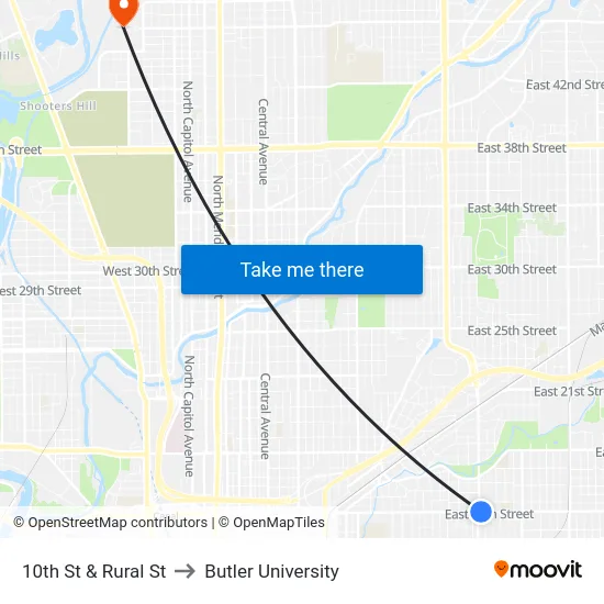 10th St & Rural St to Butler University map