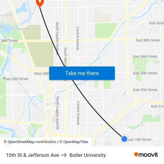 10th St & Jefferson Ave to Butler University map
