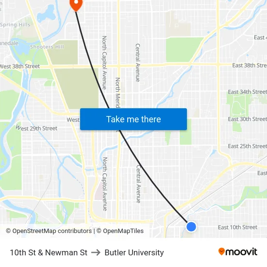 10th St & Newman St to Butler University map