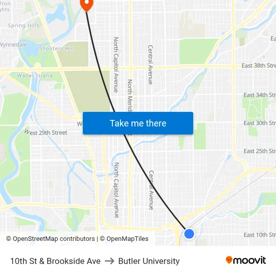 10th St & Brookside Ave to Butler University map