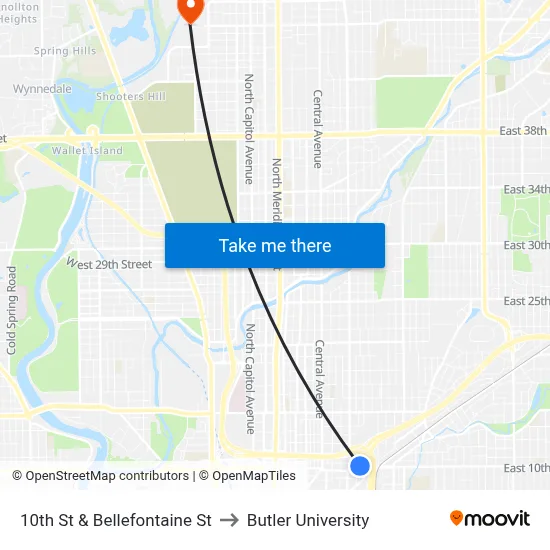 10th St & Bellefontaine St to Butler University map