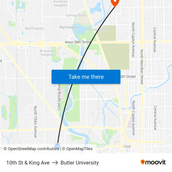10th St & King Ave to Butler University map