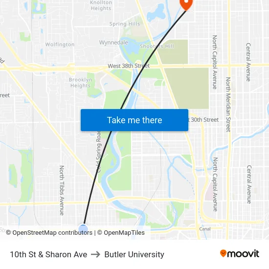 10th St & Sharon Ave to Butler University map