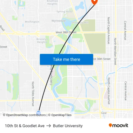 10th St & Goodlet Ave to Butler University map