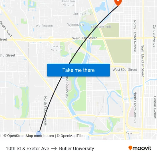 10th St & Exeter Ave to Butler University map