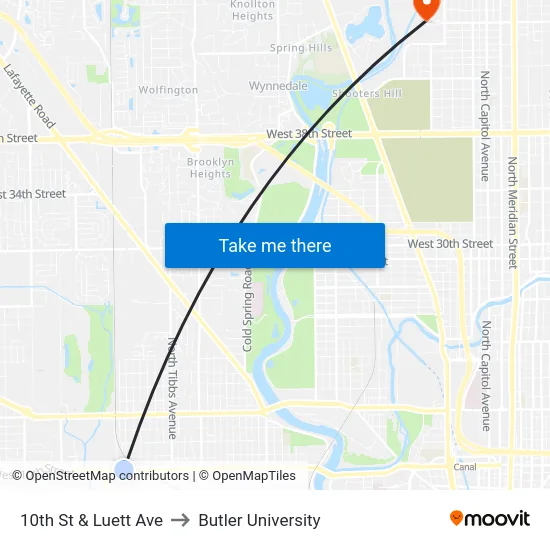 10th St & Luett Ave to Butler University map