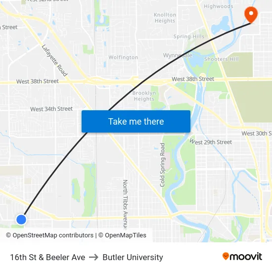 16th St & Beeler Ave to Butler University map