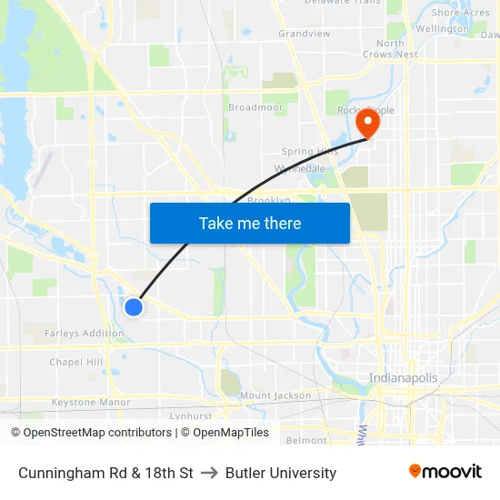 Cunningham Rd & 18th St to Butler University map