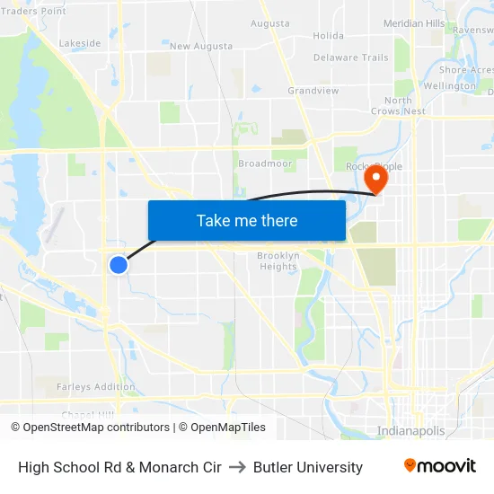 High School Rd & Monarch Cir to Butler University map
