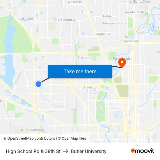 High School Rd & 38th St to Butler University map