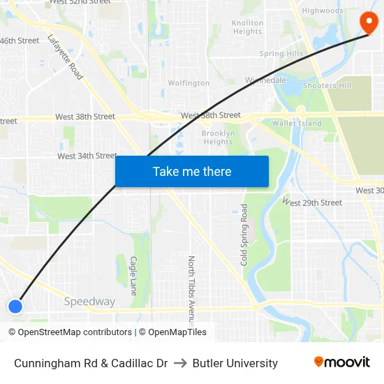 Cunningham Rd & Cadillac Dr to Butler University map