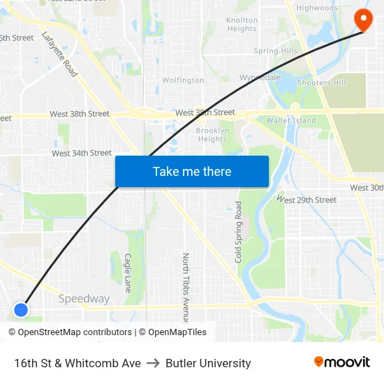 16th St & Whitcomb Ave to Butler University map