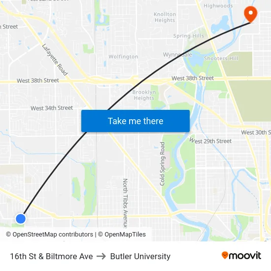 16th St & Biltmore Ave to Butler University map