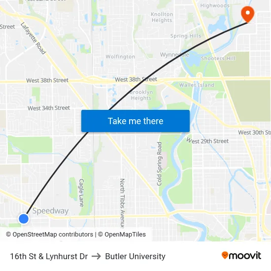 16th St & Lynhurst Dr to Butler University map