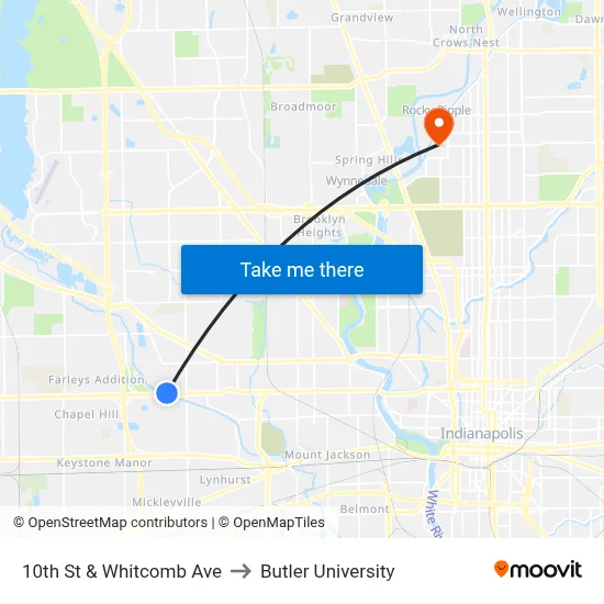10th St & Whitcomb Ave to Butler University map