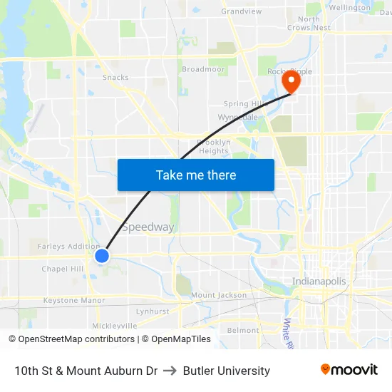 10th St & Mount Auburn Dr to Butler University map