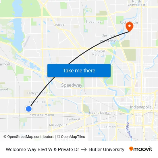 Welcome Way Blvd W & Private Dr to Butler University map