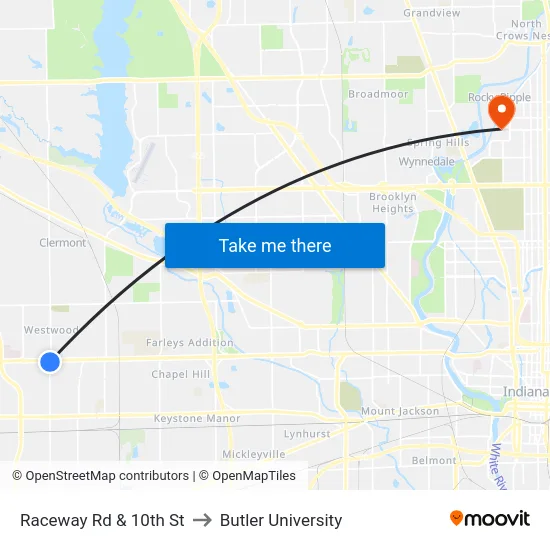Raceway Rd & 10th St to Butler University map