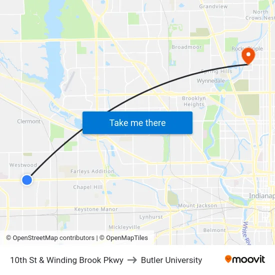 10th St & Winding Brook Pkwy to Butler University map