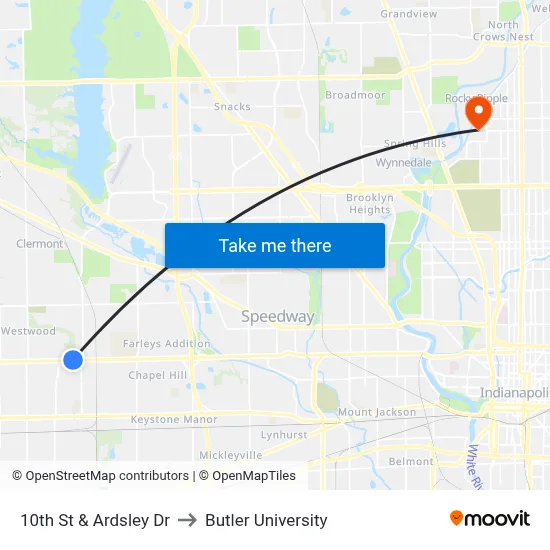 10th St & Ardsley Dr to Butler University map