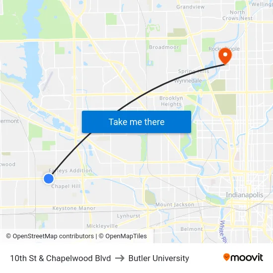 10th St & Chapelwood Blvd to Butler University map