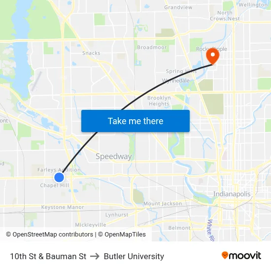 10th St & Bauman St to Butler University map