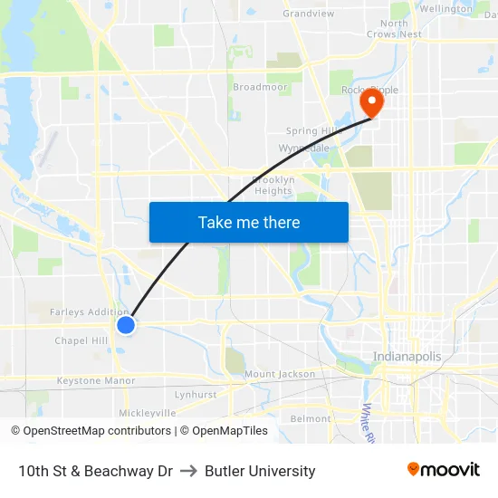 10th St & Beachway Dr to Butler University map