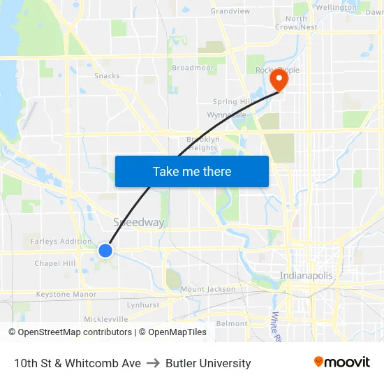 10th St & Whitcomb Ave to Butler University map