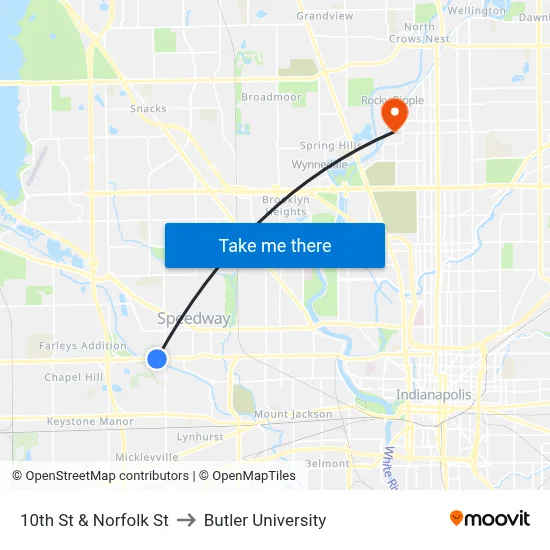 10th St & Norfolk St to Butler University map