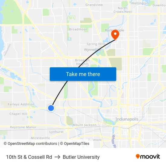 10th St & Cossell Rd to Butler University map