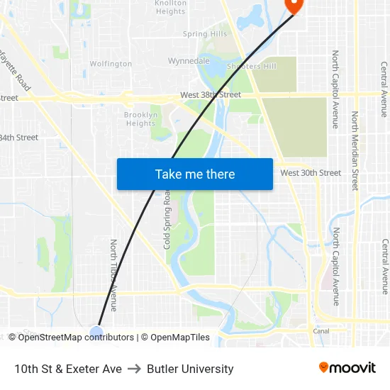 10th St & Exeter Ave to Butler University map