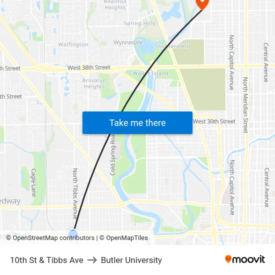 10th St & Tibbs Ave to Butler University map