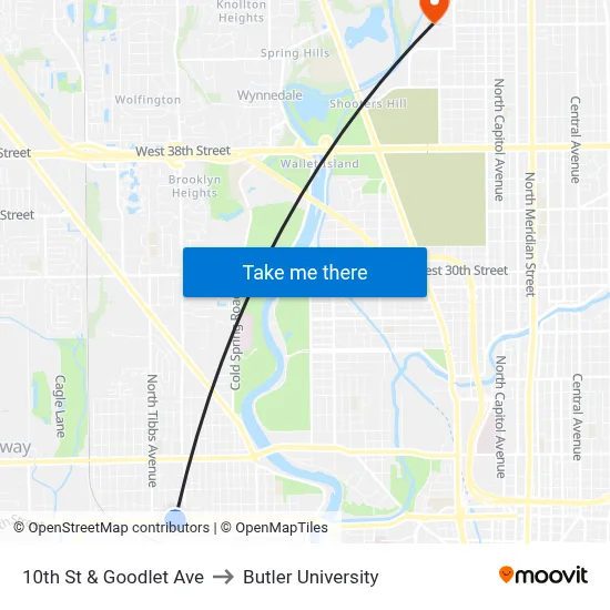 10th St & Goodlet Ave to Butler University map