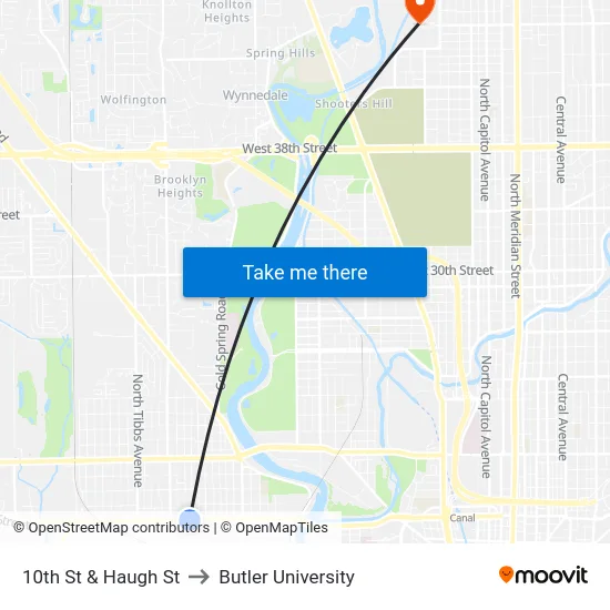 10th St & Haugh St to Butler University map